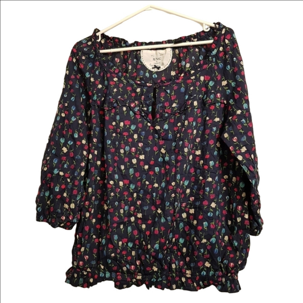 MNG by Mango women's size 10 or M, blue blouse tulip design. EUC